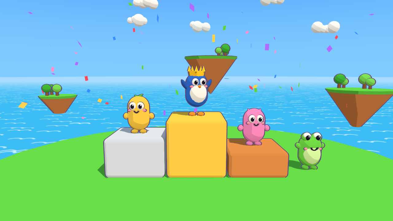 A&U Party: Pingu mit Krone auf dem Siegerpodest, Konfetti fliegt